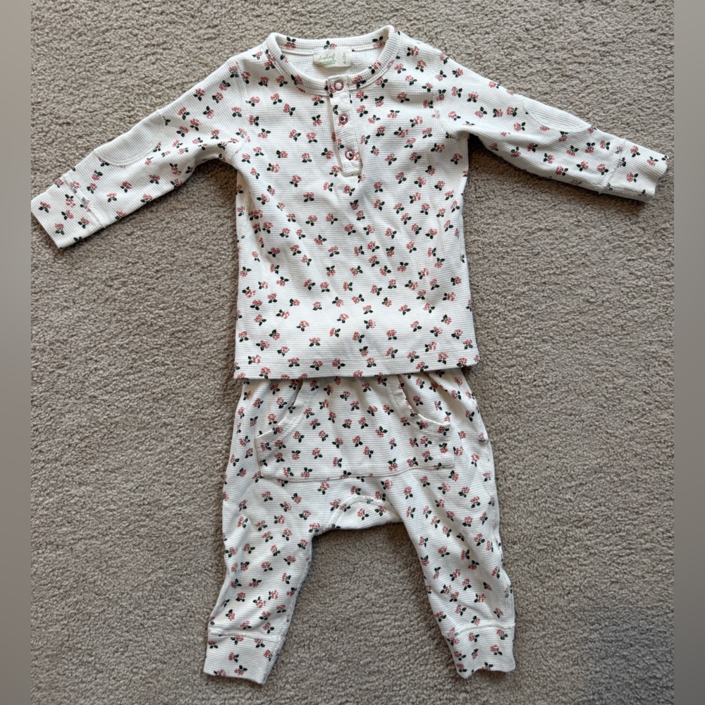Sapling Child Floral Rose Print Matching Set 9-12M White Pink Organic Cotton